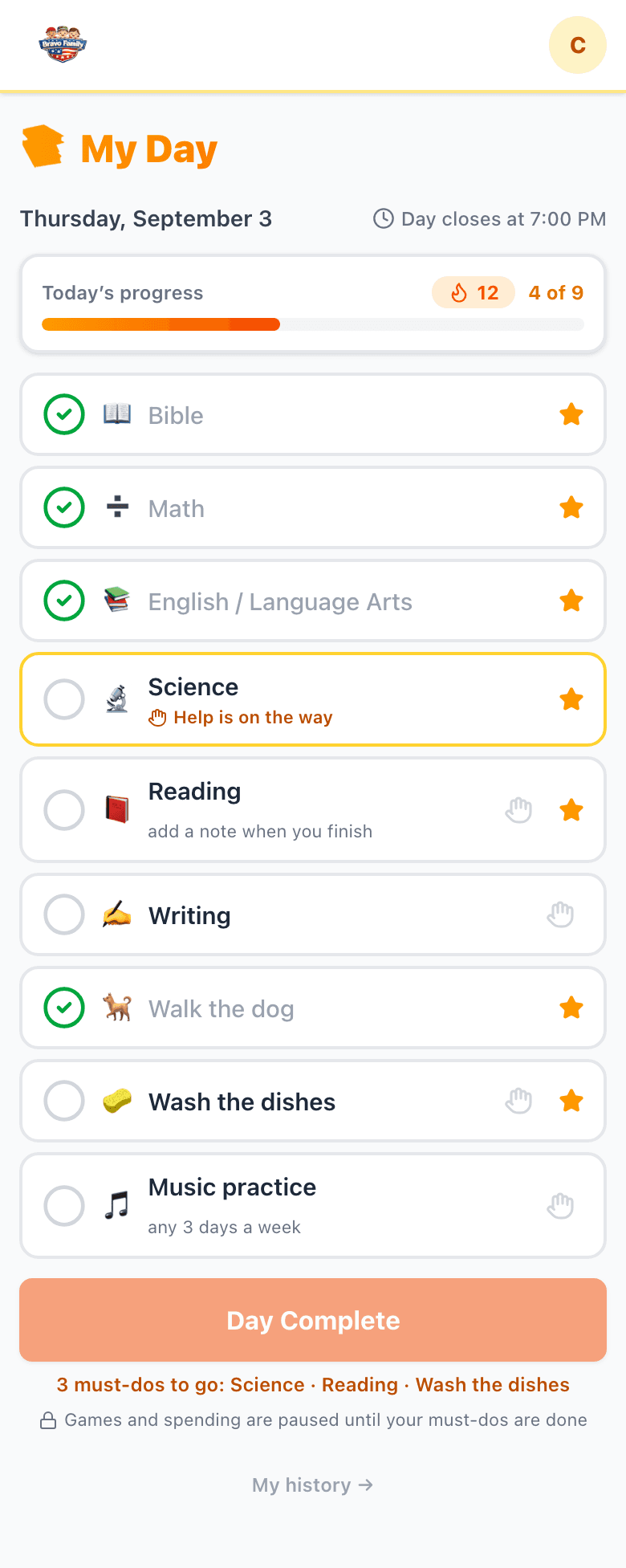 My Day in Bravo Family HQ: a child's combined school and chore list for Thursday with a progress bar, a 12-day streak, a raised hand on Science, and a Day Complete button