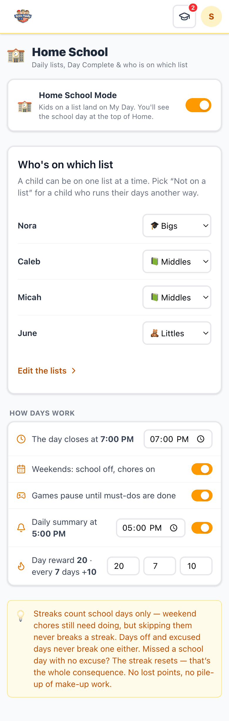Settings › Home School: the Home School Mode switch, a list picker for each of four children, and the schedule settings for cutoff time, weekends, game pausing, the daily summary and rewards
